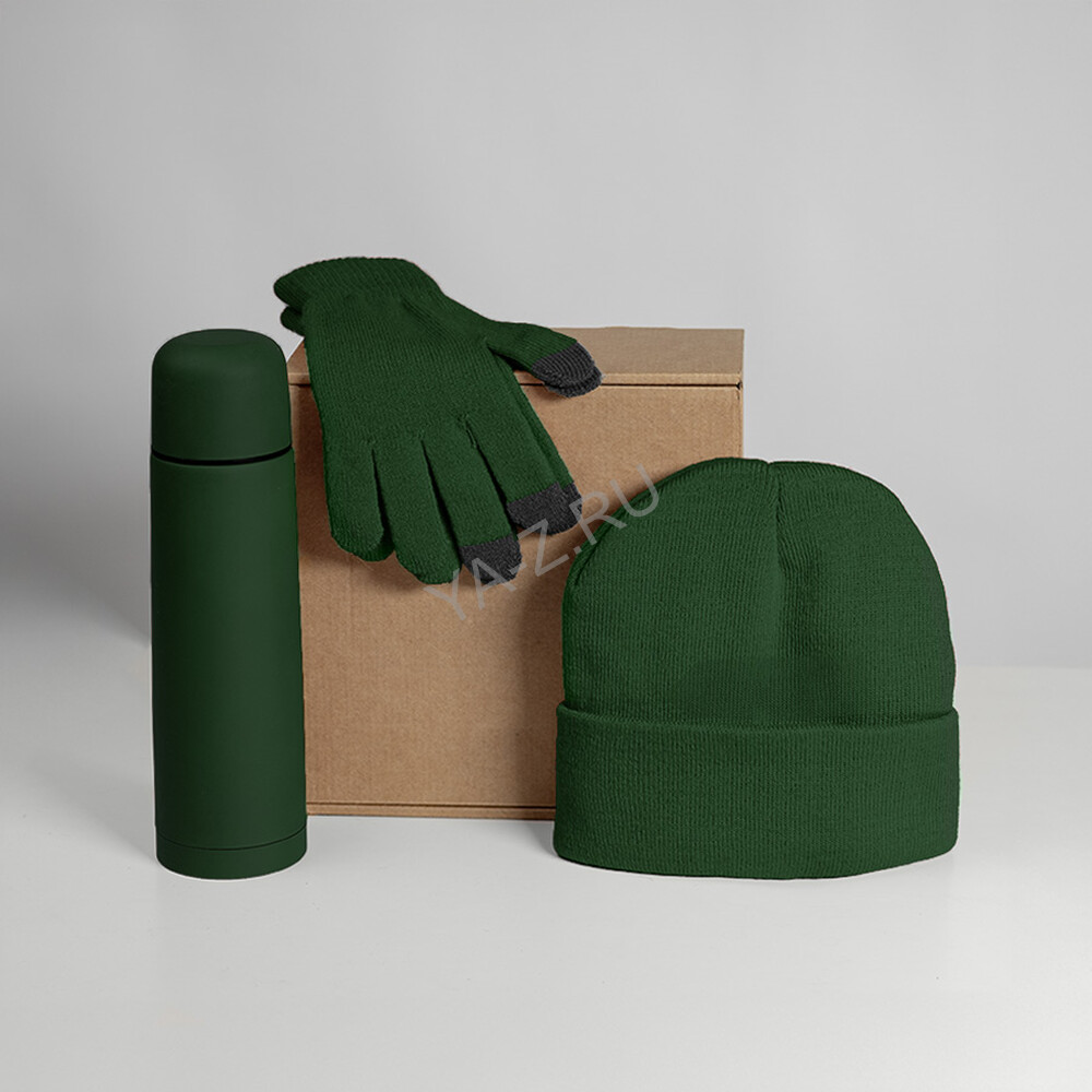 Набор подарочный GET WARM: перчатки, шапка, термос; зеленый