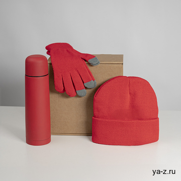 Набор подарочный GET WARM: перчатки, шапка, термос; красный