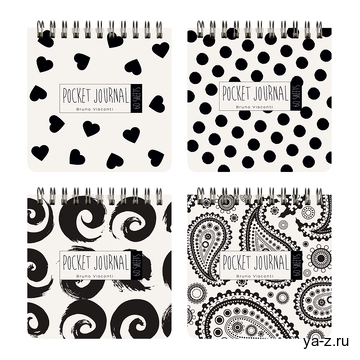 "POCKET JOURNAL" 105 х 105 мм, 60 Л, (4 ВИДA) НА ГРЕБНЕ "BLACK&WHITE" Белый/Чёрный