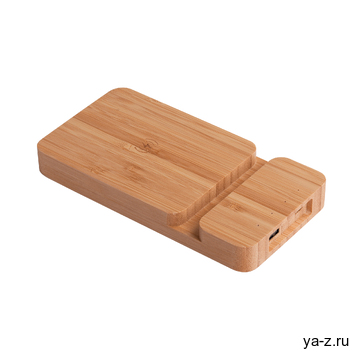 Беспроводное (10W) зарядное устройство "Bamboo Power" 5000 mAh с подставкой под смартфон, бамбук
