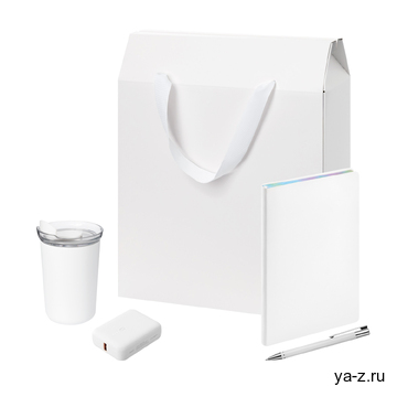 Подарочный набор Велком Пак (Welcome Pack), белый (термокружка, ежедневник, ручка, ЗУ, коробка-пакет)